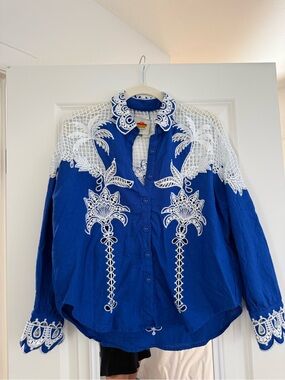 Blue Embroidered Button-Up Shirt with White Lace Detail